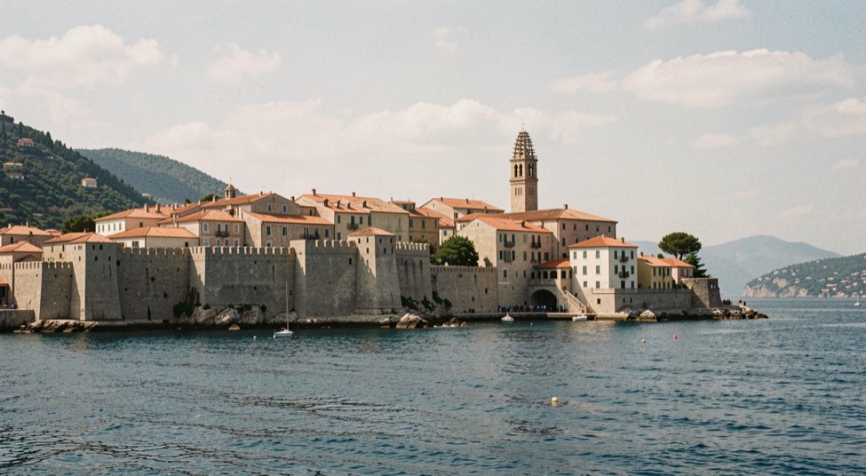 Veduta mediterranea del centro storico di Alghero, in Sardegna, affacciato sul mare.