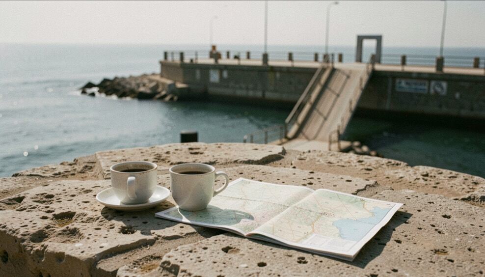 Vinyeta de la peça: Taula de cafè amb dos vasos sobre pedra amable, mapa plegat descarat i rampa davallant cap al port al matí clar.