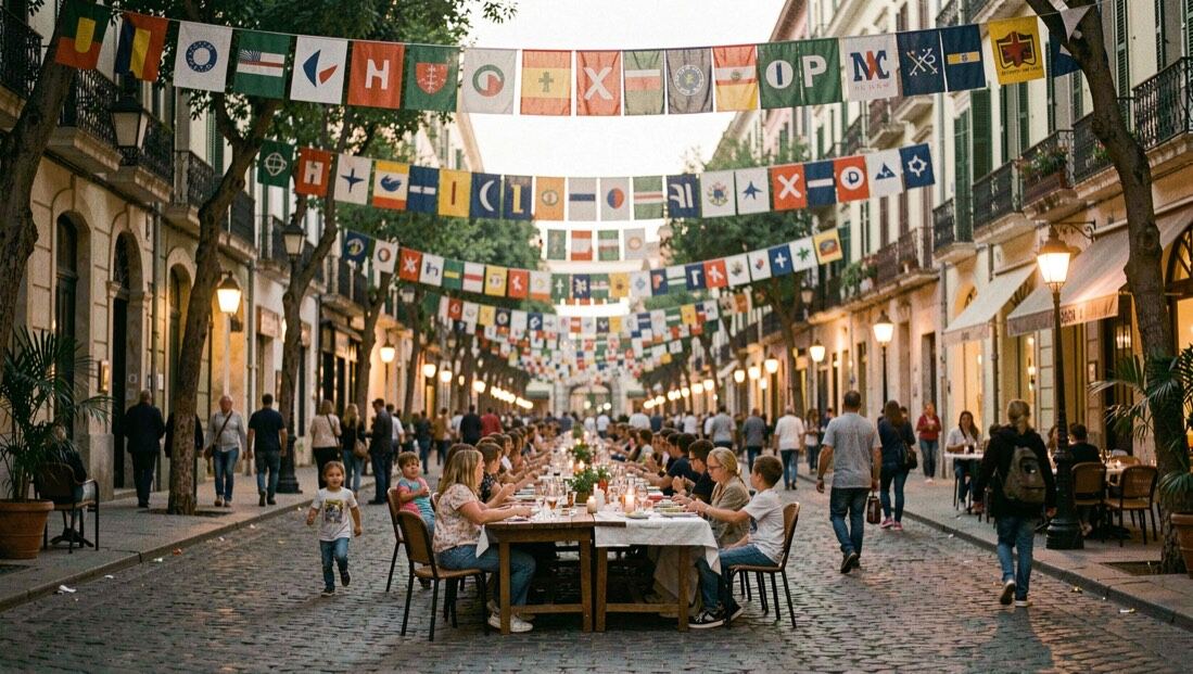 Vinyeta de la peça: Carrer engalanat amb banderoles llargues, taules compartides al mig, nens corrent i llums de sèrie encenent-se al capvespre.