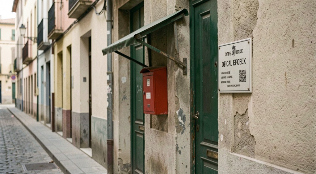Retall de carrer pla amb placa oficial, bústia vermella petita i un palllum apujat sobre porta verda vella.