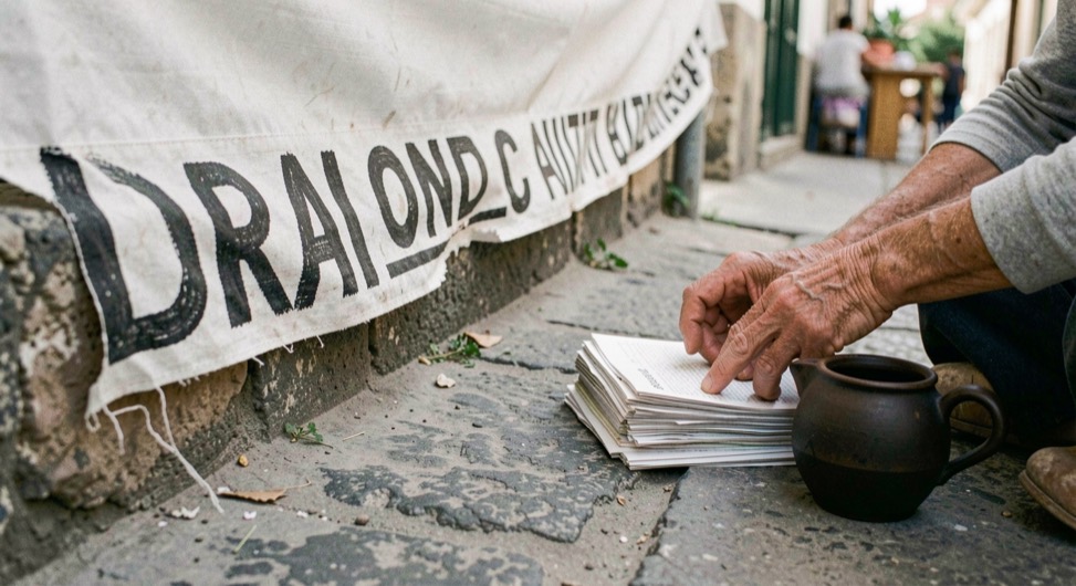 Rètol pintat de carrer amb doble grafia sota tendal blanc, mans velles repassant diari plegat i tassa fosca al costat.